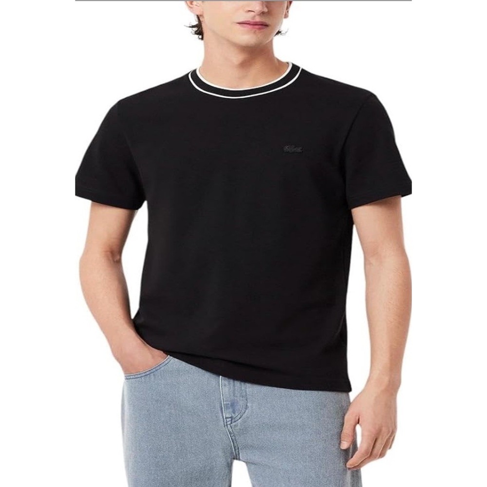 Lacoste Shirt Mens XL Black Stripe Collar Stretch Pique Croc Logo Tee Crewneck